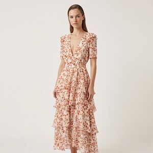 Maje Romina Dress Floral Print Tiered Midi Chiffon Ruffles Smocked